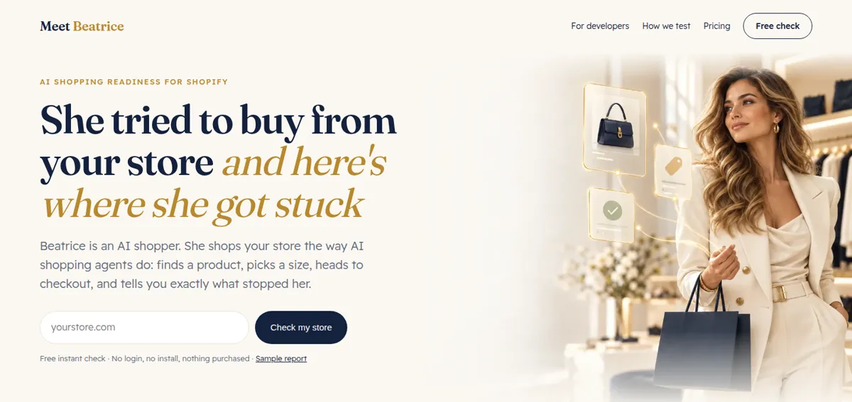 الصفحة الرئيسية لموقع Meet Beatrice: She tried to buy from your store and here's where she got stuck